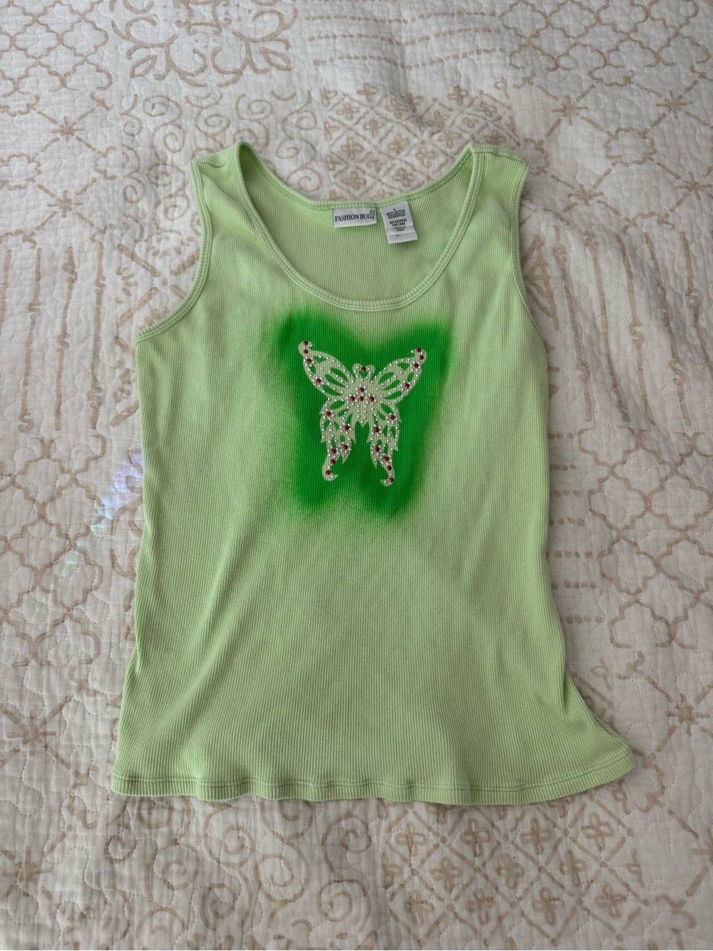 y2k green bedazzled butterfly tank top